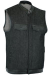 Men's Rough Rub-Off Raw Finish Denim Vest W/Leather Trim - Scoop Collar