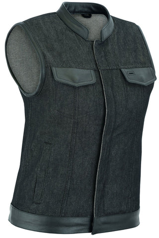 Women's Rough Rub-Off Raw Finish Denim Vest W/Leather Trim