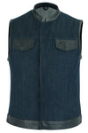 Women's Broken Blue Rough Rub-Off Raw Finish Denim Vest W/Leather Trim