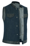 Women's Broken Blue Rough Rub-Off Raw Finish Denim Vest W/Leather Trim