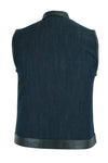 Women's Broken Blue Rough Rub-Off Raw Finish Denim Vest W/Leather Trim