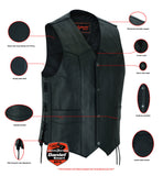 Traditional Single Back Panel Concealed Carry Motorcycle Vest - Black