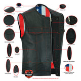 Men's Black Motorcycle Leather Vest with Red Stitching , USA Flag Lining