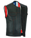 Men's Black Motorcycle Leather Vest with Red Stitching , USA Flag Lining