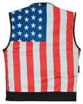 Men's Black Motorcycle Leather Vest with Red Stitching , USA Flag Lining