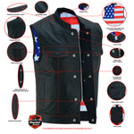 Men's LEATHER VEST WITH RED STITCHING AND USA INSIDE FLAG LINING