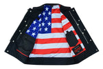 Men's LEATHER VEST WITH RED STITCHING AND USA INSIDE FLAG LINING