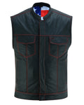 Men's LEATHER VEST WITH RED STITCHING AND USA INSIDE FLAG LINING