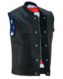 Men's LEATHER VEST WITH RED STITCHING AND USA INSIDE FLAG LINING