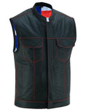 Men's LEATHER VEST WITH RED STITCHING AND USA INSIDE FLAG LINING