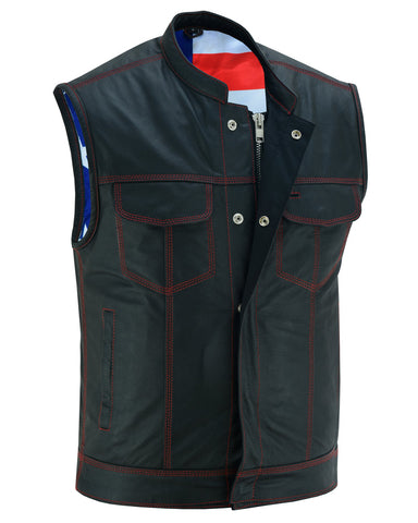 Men's LEATHER VEST WITH RED STITCHING AND USA INSIDE FLAG LINING