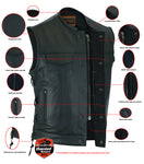 Men's Black Motorcycle Leather Vest with Smart Access Pockets, Gunmetal Zipper