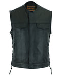 Men's Black Motorcycle Leather Vest with Smart Access Pockets, Gunmetal Zipper