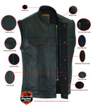 Frontier Motorcycle Leather Vest - Snap Closure, Milled Cowhide, Scoop Collar & Hidden Zipper with Smart Access Pockets