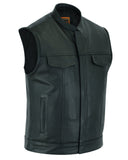 Frontier Motorcycle Leather Vest - Snap Closure, Milled Cowhide, Scoop Collar & Hidden Zipper with Smart Access Pockets