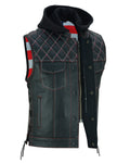 Road Edge Black Leather Vest with Smart Pockets & Removable Hood