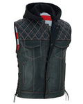 Road Edge Black Leather Vest with Smart Pockets & Removable Hood