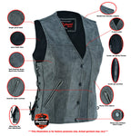 Women's Gray Single Back Panel Leather Vest with Smart Access Pocket