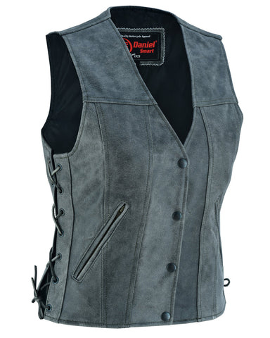 Women's Gray Single Back Panel Leather Vest with Smart Access Pocket