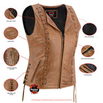 Women's Brown Zippered Leather Vest with Lacing Details