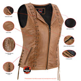 Women's Brown Zippered Leather Vest with Lacing Details