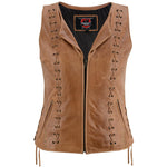 Women's Brown Zippered Leather Vest with Lacing Details