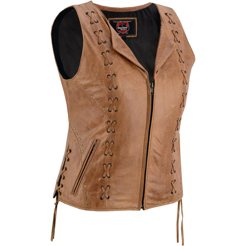 Women's Brown Zippered Leather Vest with Lacing Details