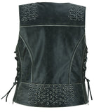 Women's Gray Leather Vest with Grommet and Lacing Accents