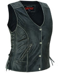 Women's Gray Leather Vest with Grommet and Lacing Accents