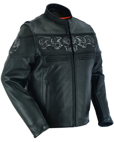 Men's Scooter Leather  Jacket W/Reflective Skulls