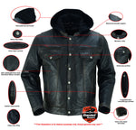 Men's Lightweight Distressed Lambskin Jacket with Removable Hoodie - Black