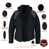 Women's  Mesh Motorcycle Black/ Black Tone Reflective Jacket 3-in-1 with Hoodie