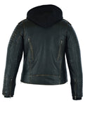 Women's Lightweight Distressed  Motorcycle Leather Jacket with Removable Hoodie - Olive