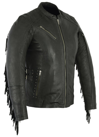 Women's Fringe Leather Motorcycle Jacket – Black