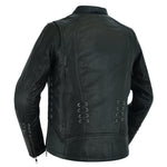 Women's Motorcycle Leather  Jacket with Grommet & Lacing Accents – Black