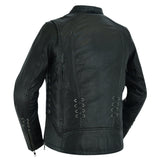 Women's Motorcycle Leather  Jacket with Grommet & Lacing Accents – Black