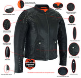 Women's Motorcycle Leather  Jacket with Grommet & Lacing Accents – Black