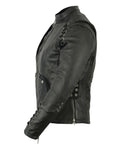 Women's Motorcycle Leather  Jacket with Grommet & Lacing Accents – Black