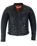 Women's Motorcycle Leather  Jacket with Grommet & Lacing Accents – Black