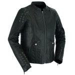 Women's Motorcycle Leather  Jacket with Grommet & Lacing Accents – Black