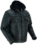 Men's Black Lightweight Drum Dyed  Distressed Lambskin Jacket with Removable Hoodie