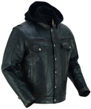 Men's Black Lightweight Drum Dyed  Distressed Lambskin Jacket with Removable Hoodie