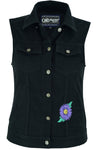 Women's Black Denim Snap Front Vest with Purple Daisy