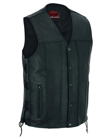 Men's Tall Classic Tapered Bottom Biker Leather Vest- Black