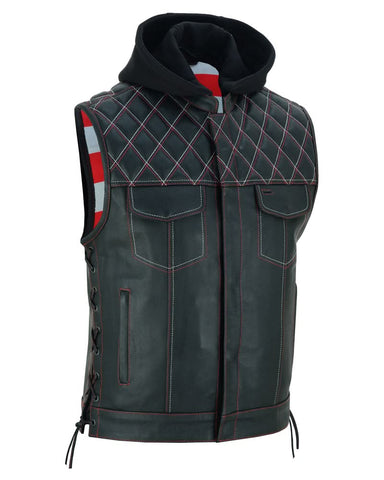 Men's Road Edge Leather Black Vest – Removable Hood