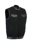 Men's Black Denim Single Panel Concealment Vest W/ Leather Trim
