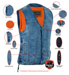 Men's Blue Denim Motorcycle Vest with Lace & Pockets