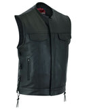 Men's Combat Black motorcycle Leather Vest - Gun Pockets & Side Laces