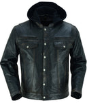 Men's Black Lightweight Drum Dyed  Distressed Lambskin Jacket with Removable Hoodie