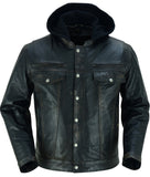 Men's Black Lightweight Drum Dyed  Distressed Lambskin Jacket with Removable Hoodie